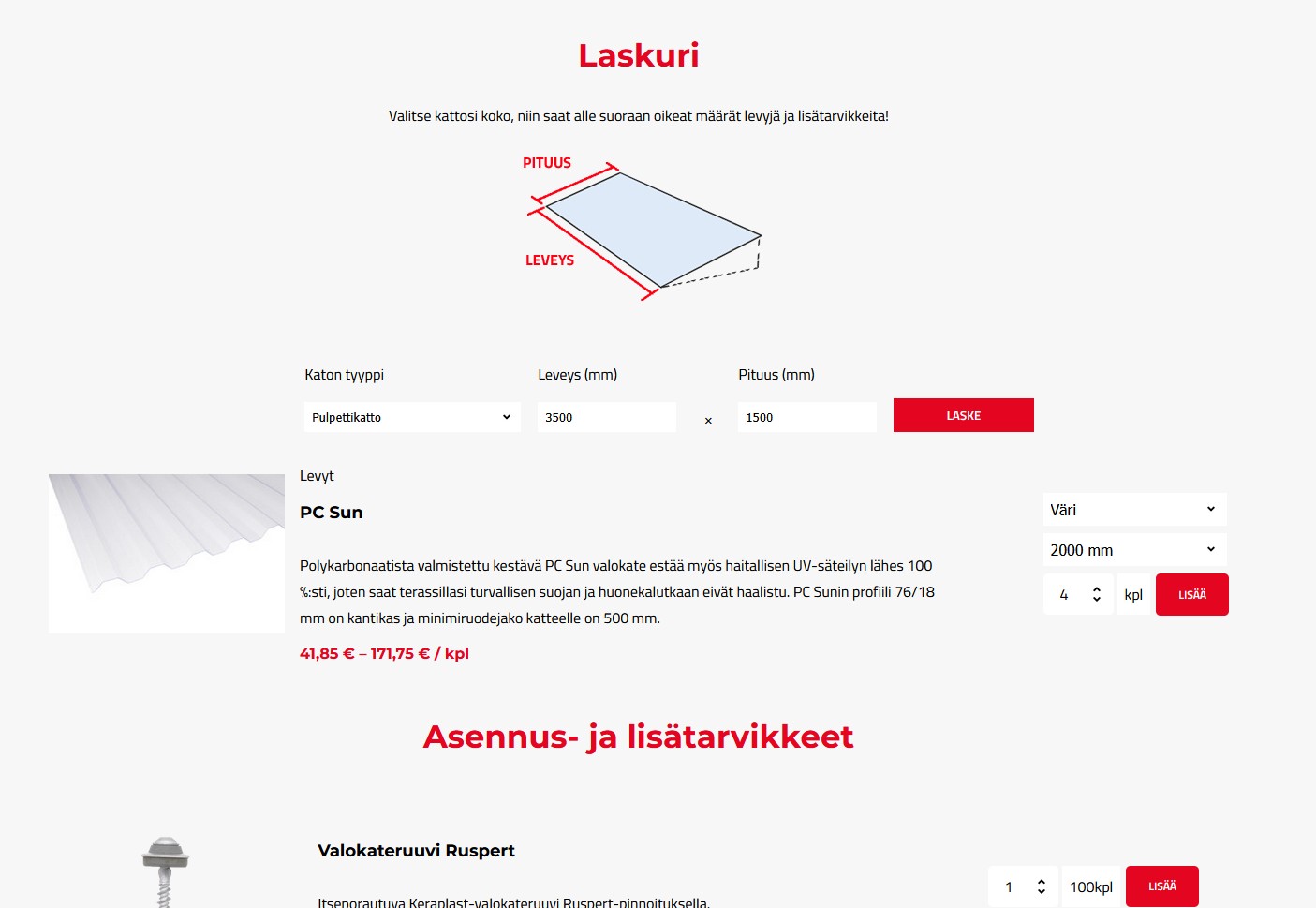 Keraplastille toteutettu laskuri auttaa asiakkaita ostamaan tarvittavan määrän tarvittavia tuotteita